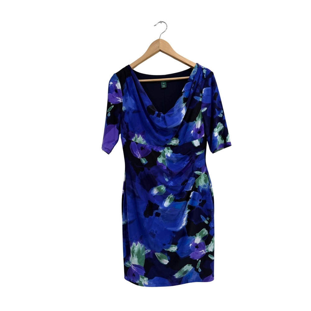 Lauren Ralph Lauren Blue Purple Floral Cowl Neck Ruched Sheath Dress 12P